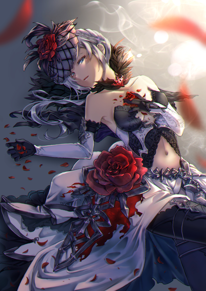 1girl blue_eyes capelet clothing_cutout dress elbow_gloves feathers flower fur-trimmed_capelet fur_trim gloves hand_on_own_chest headdress kyashii_(a3yu9mi) looking_at_viewer navel_cutout open_mouth parted_lips petals red_flower rose short_hair sidelocks sinoalice smoke snow_white_(sinoalice) solo thigh-highs veil white_hair