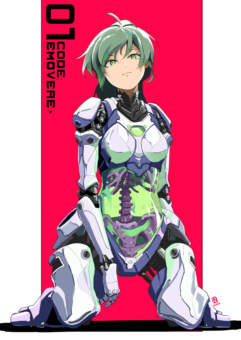 1girl android automatic_giraffe breasts character_name expressionless green_eyes green_hair head_tilt looking_up medium_breasts open_hand original science_fiction sitting solo spine wariza