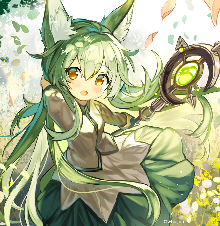 1girl animal_ear_fluff animal_ears field flower flower_field fuupu green_hair hand_in_hair leaf leaves_in_wind long_hair long_sleeves looking_at_viewer marchen_forest_~merun-chan_to_mori_no_okurimono~ mylne shirt skirt staff wind yellow_eyes