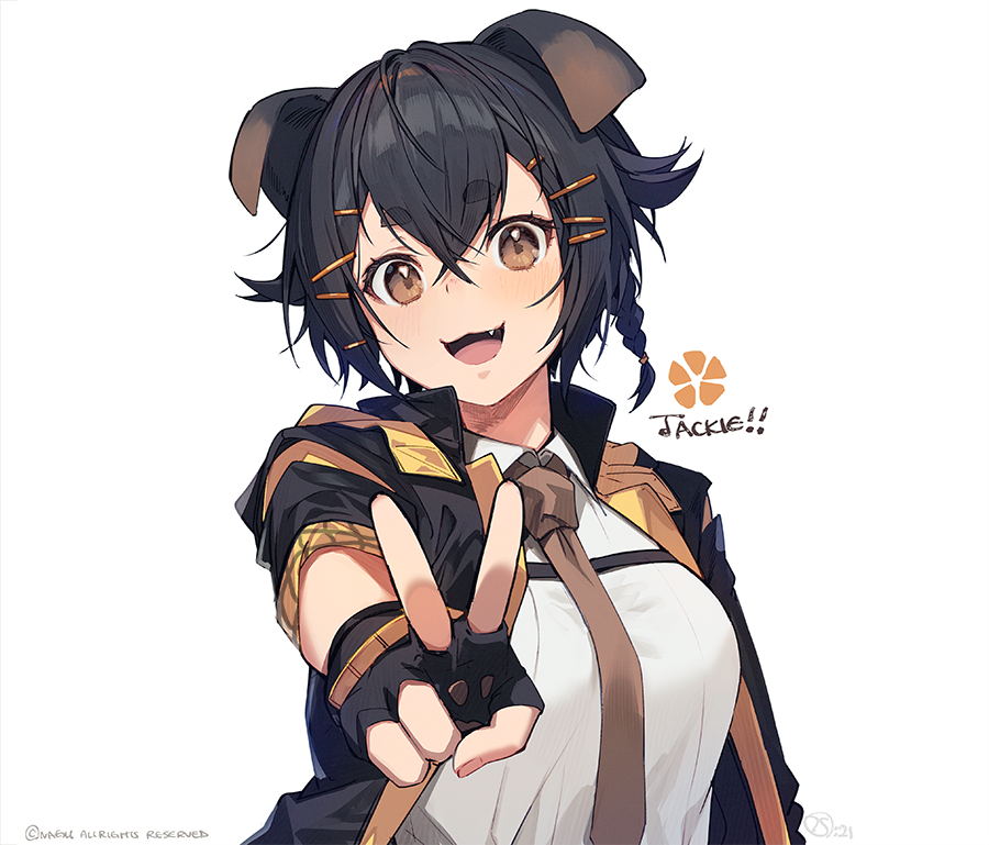 1girl :d animal_ears arknights bangs black_gloves black_hair black_jacket brown_eyes brown_neckwear commentary dog_ears eyebrows_visible_through_hair fang gloves jacket jackie_(arknights) looking_at_viewer nagu necktie open_clothes open_jacket open_mouth shirt short_hair simple_background smile solo symbol_commentary thick_eyebrows upper_body v white_background white_shirt