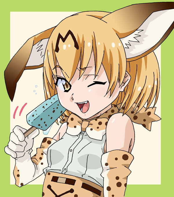 1girl amano_yoki animal_ears blonde_hair bow bowtie breasts elbow_gloves extra_ears food gloves kemono_friends one_eye_closed open_mouth popsicle print_bow print_gloves print_neckwear serval_(kemono_friends) serval_ears serval_girl serval_print sleeveless small_breasts smile solo upper_body yellow_eyes