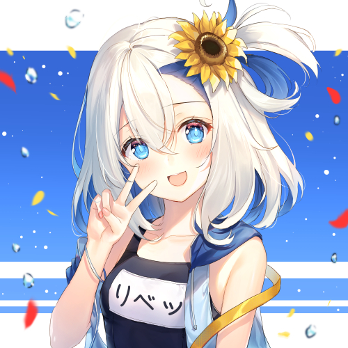 1girl :d azur_lane bangs bare_shoulders blue_background blue_eyes blue_hair blue_swimsuit blush bracelet breasts collarbone colored_inner_hair crossed_bangs eyebrows_visible_through_hair flower gemini_(feng) hair_between_eyes hair_flower hair_ornament hand_up jacket jewelry libeccio_(azur_lane) libeccio_(beachbound_southwestern_wind!)_(azur_lane) long_hair looking_at_viewer lowres multicolored_hair name_tag off_shoulder open_mouth school_swimsuit sidelocks sleeveless sleeveless_jacket small_breasts smile solo sunflower_hair_ornament swimsuit upper_body v white_hair white_jacket