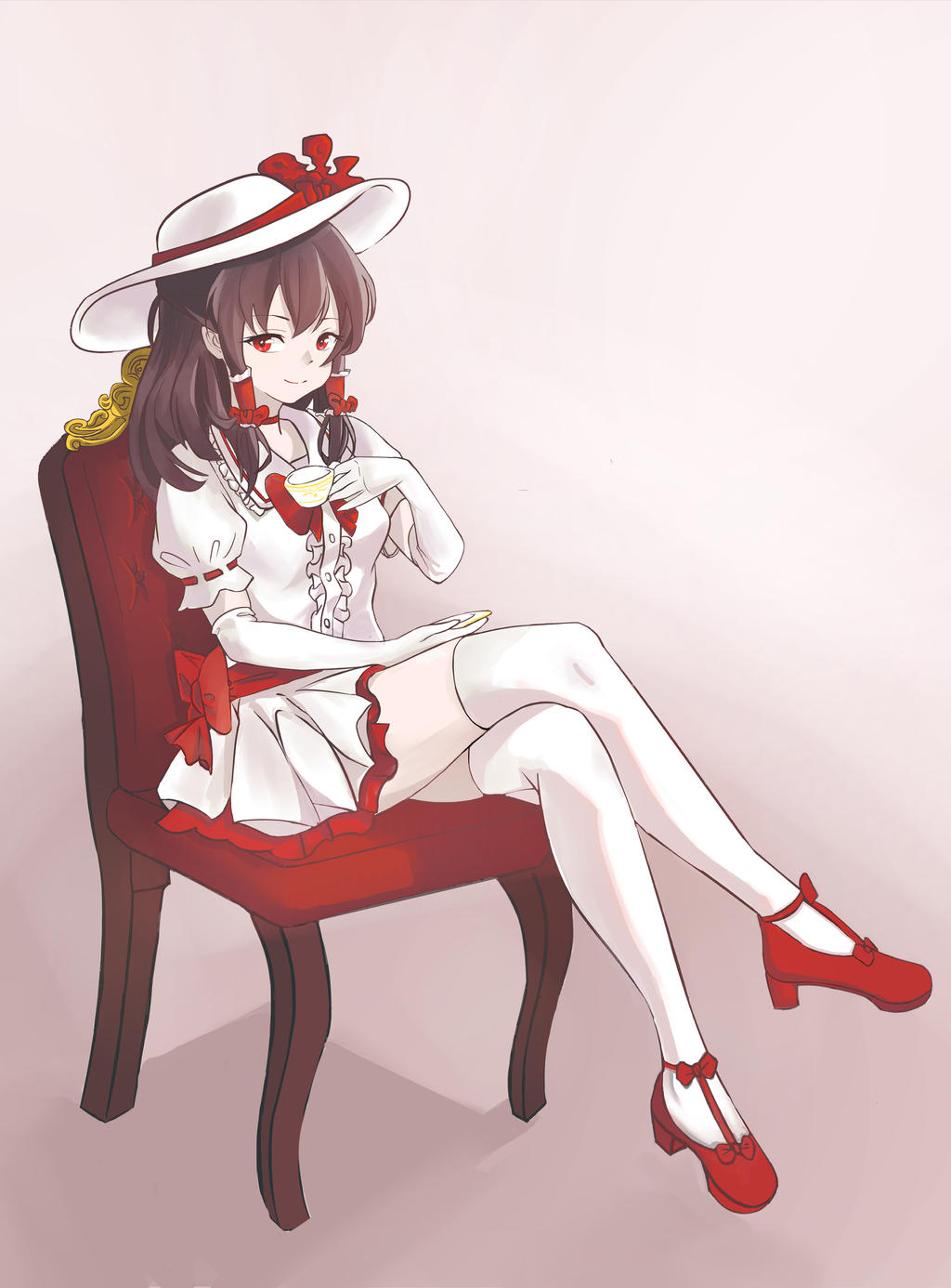 bow chair corruption crossed_legs cup dress gloves hakurei_reimu hat hat_bow hat_ribbon high_heels highres mary_janes medium_hair miniskirt red_bow red_footwear redomar reimu_scarlet ribbon shoes sitting skirt teacup thigh-highs touhou vampire waist_bow white_background white_dress white_gloves white_headwear white_legwear