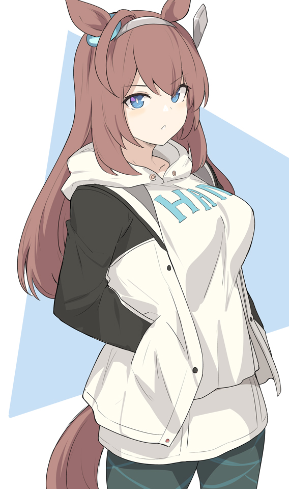 1girl animal_ears blue_eyes breasts bright_pupils brown_hair casual cowboy_shot green_skirt grey_hoodie hairband hands_in_pockets hood hoodie horse_ears horse_tail jacket large_breasts long_hair looking_at_viewer mihono_bourbon_(umamusume) open_clothes open_jacket pantyhose parted_lips shiseki_hirame skirt solo standing tail umamusume white_pupils