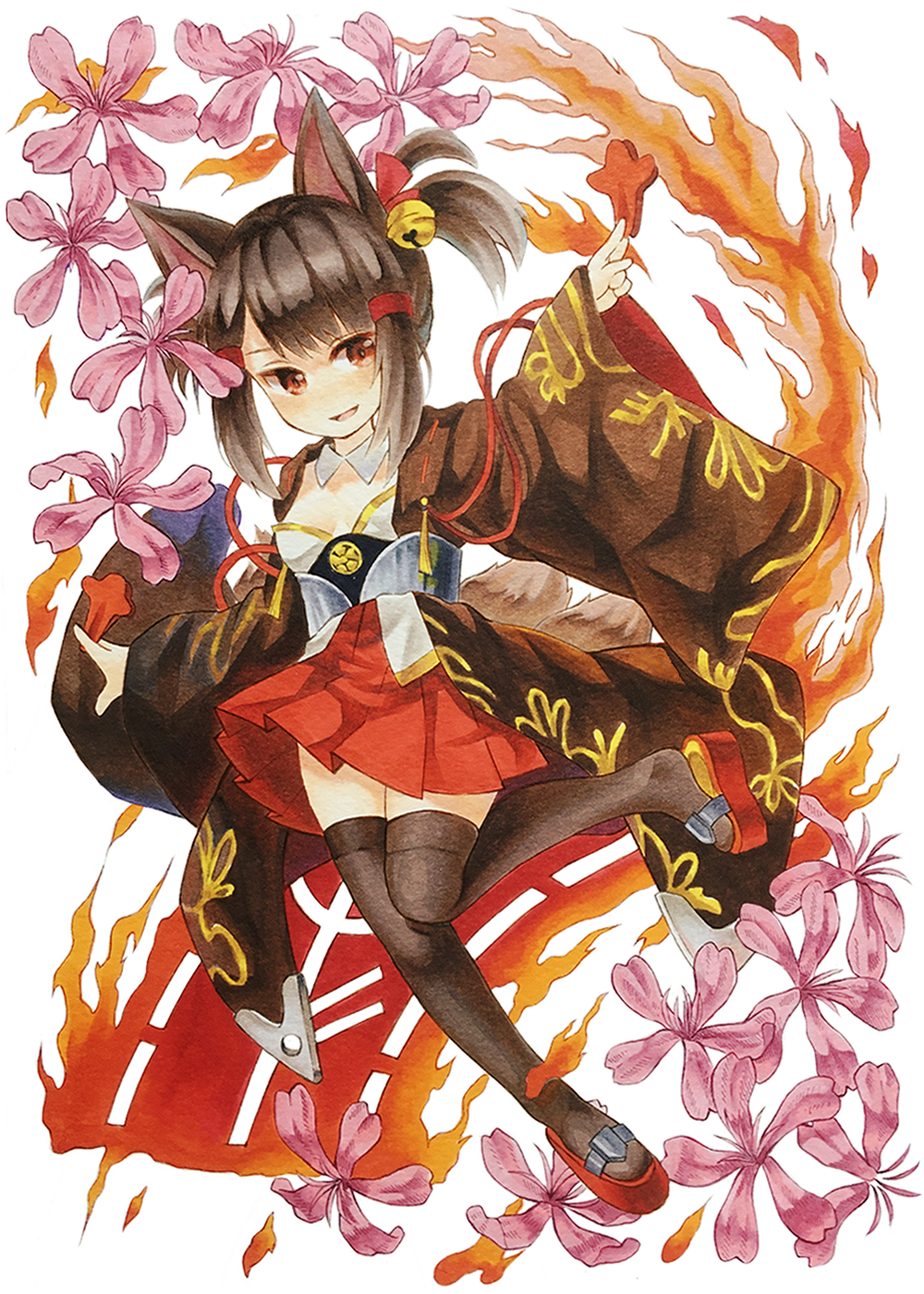 1girl :d akagi-chan_(azur_lane) animal_ears azur_lane bangs bell black_hair black_legwear breasts cherry_blossoms collarbone commentary_request detached_collar eyebrows_visible_through_hair eyes_visible_through_hair fire flight_deck fox_ears fox_girl fox_tail full_body hair_ribbon hair_tubes haze_(user_ywgc2832) head_tilt highres holding holding_paper japanese_clothes kyuubi long_hair looking_at_viewer marker_(medium) multiple_tails open_mouth paper paper_airplane pleated_skirt red_eyes red_skirt ribbon sidelocks simple_background skirt small_breasts smile solo tail thigh-highs traditional_media twintails v-shaped_eyebrows white_background wide_sleeves zettai_ryouiki