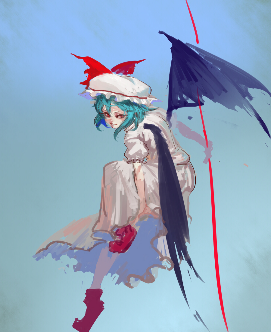 1girl blue_background blue_hair bow dress hat hat_bow inishie_kumo looking_at_viewer medium_hair pillow_hat puffy_short_sleeves puffy_sleeves red_eyes red_footwear remilia_scarlet shoes short_sleeves sketch smile solo touhou white_dress white_headwear wings