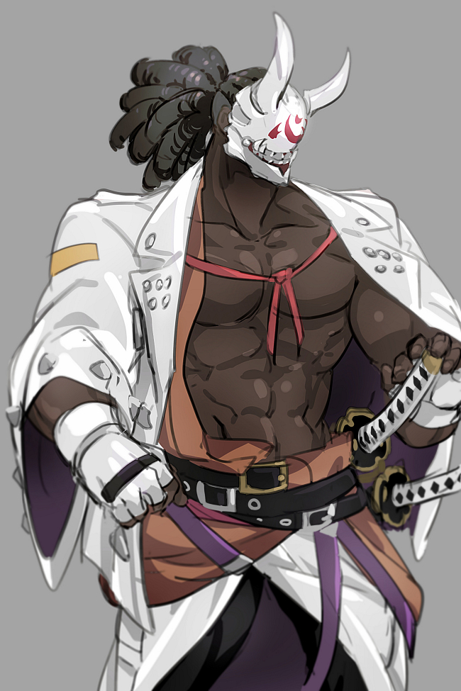 1boy abs bare_pectorals belt black_hair covered_face dark_skin dark_skinned_male guilty_gear guilty_gear_strive hairlocs horned_headwear jacket male_focus mask mmt37 nagoriyuki pectorals samurai solo_focus vampire