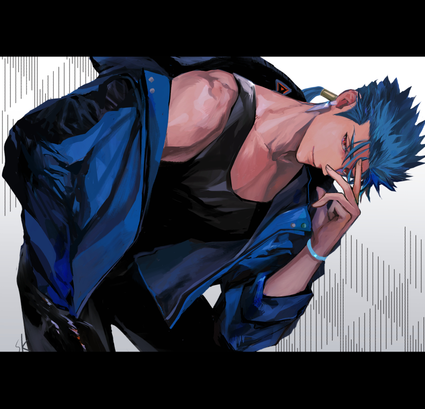1boy alternate_costume beads bent_over black_tank_top blue_hair bracelet closed_mouth collarbone contemporary cu_chulainn_(fate)_(all) cu_chulainn_(fate/stay_night) earrings fate/stay_night fate_(series) grin hair_beads hair_ornament hand_on_own_face jacket jacket_on_shoulders jewelry long_hair looking_at_viewer makashiki_(aarni_0) male_focus ponytail red_eyes shirt smile solo spiky_hair tank_top