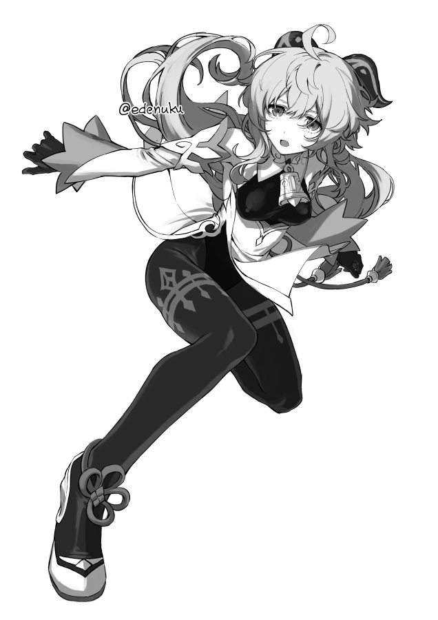 1girl ahoge bangs bell bodysuit breasts cowbell detached_sleeves ganyu_(genshin_impact) genshin_impact gloves greyscale hair_between_eyes horns long_hair medium_breasts monochrome open_mouth sidelocks simple_background solo sumima tassel twitter_username