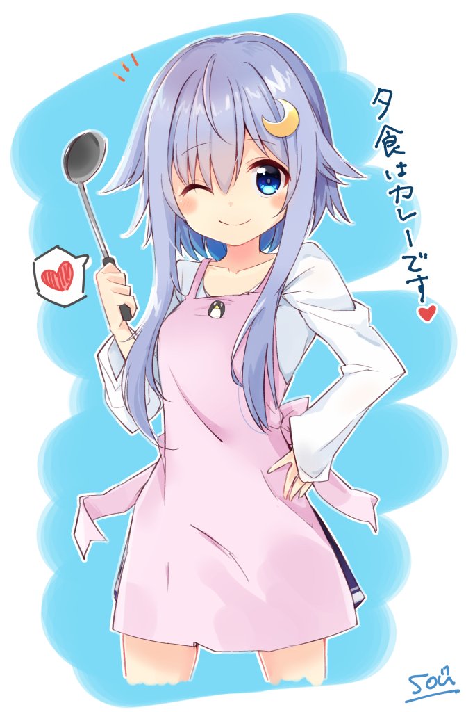 1girl apron bangs blue_eyes blush crescent crescent_hair_ornament eyebrows_visible_through_hair hair_between_eyes hair_ornament hand_on_hip heart holding holding_ladle kantai_collection ladle long_sleeves one_eye_closed pink_apron purple_hair shirt short_hair_with_long_locks signature simple_background skirt smile solo sou_(soutennkouchi) spoken_heart translation_request two-tone_background white_shirt yayoi_(kancolle)