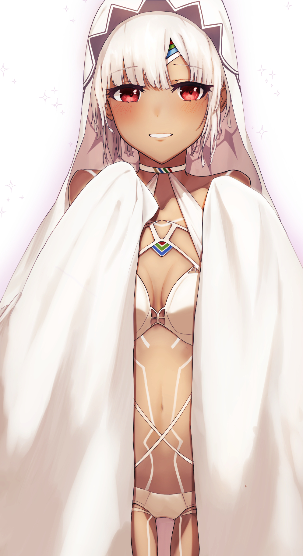 1girl altera_(fate) bangs bare_shoulders bikini breasts c_xj collarbone dark_skin dark-skinned_female fate/extella fate/extra fate/grand_order fate_(series) full_body_tattoo grin highres large_breasts looking_at_viewer lostroom_outfit_(fate) medium_breasts navel red_eyes short_hair smile swimsuit tattoo thighs veil white_bikini white_hair