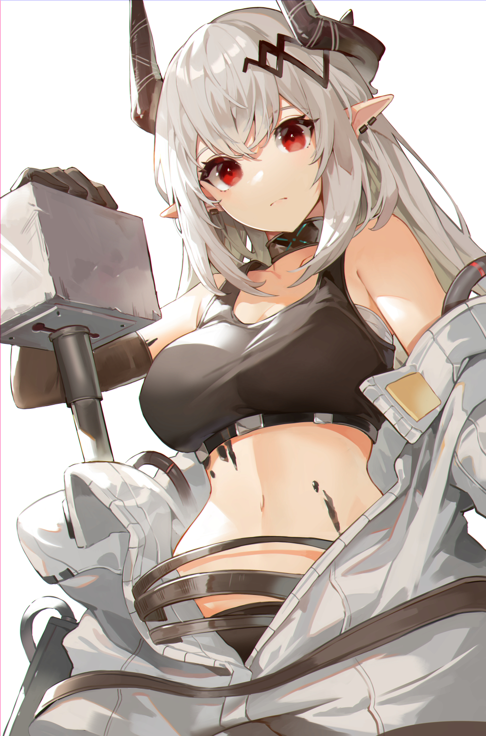 1girl akizone arknights bare_shoulders black_choker black_gloves black_shirt breasts choker closed_mouth collarbone crop_top earrings elbow_gloves expressionless gloves hair_ornament hammer hand_up highres horns infection_monitor_(arknights) jewelry large_breasts long_hair looking_at_viewer midriff mudrock_(arknights) navel off_shoulder oripathy_lesion_(arknights) pointy_ears red_eyes shirt silver_hair simple_background sleeveless sleeveless_shirt solo stomach upper_body white_background