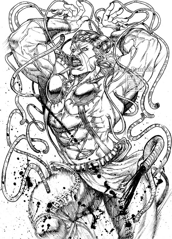 1boy abs arms_up artist_name battle_tendency blood blood_splatter blood_vessels bracer clenched_teeth commentary cowboy_shot earrings esidisi facial_mark greyscale hat hoop_earrings jewelry jojo_no_kimyou_na_bouken leg_up loincloth male_focus maya_panda monochrome muscular muscular_male nose_piercing nose_ring pelvic_curtain piercing solo speed_lines standing standing_on_one_leg stitches teeth traditional_media veins watermark