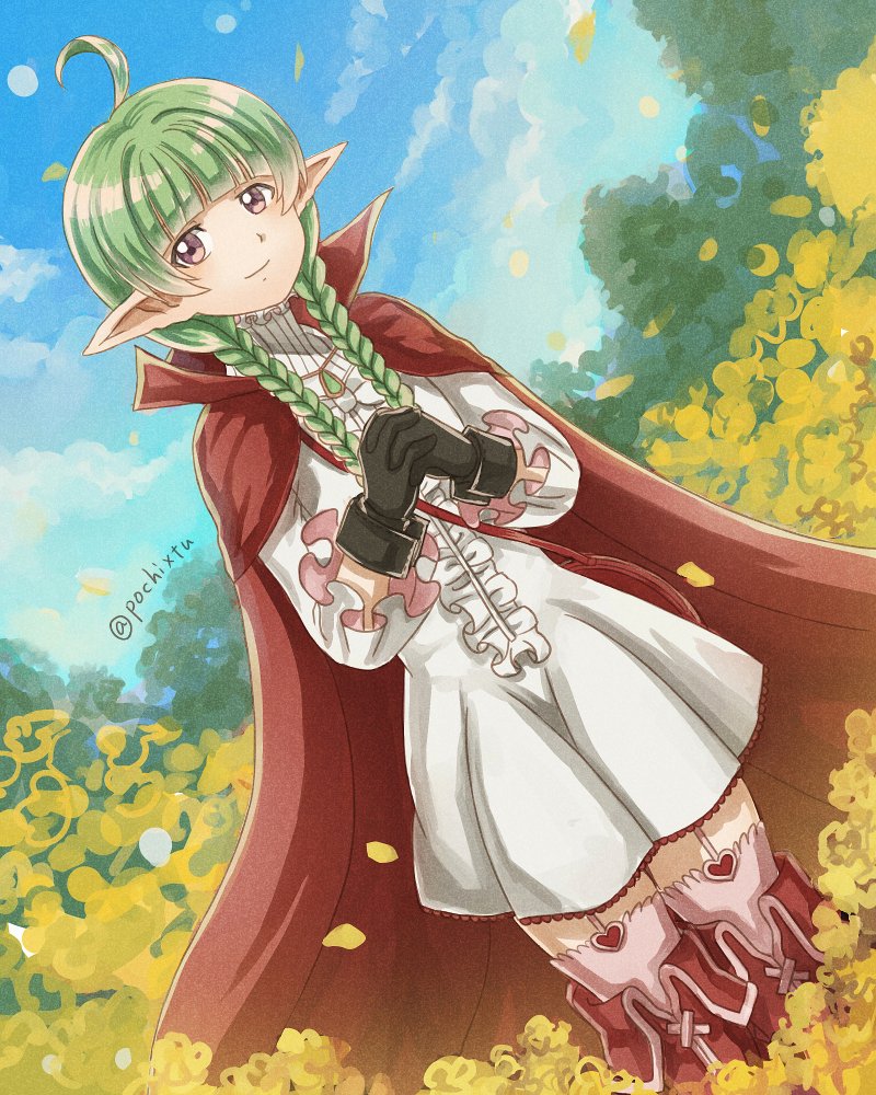 1girl ahoge black_gloves boots braid cape commentary_request dress fire_emblem fire_emblem_awakening flower gloves green_hair long_hair nah_(fire_emblem) outdoors pochi_(furaigonn) pointy_ears puffy_sleeves red_cape sky smile standing thigh-highs twin_braids twintails twitter_username violet_eyes white_dress yellow_flower