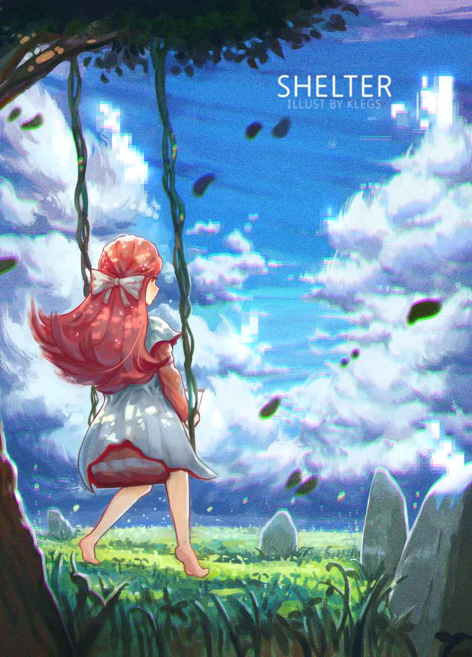 1girl artist_name barefoot blue_sky clouds cloudy_sky copyright_name dress from_behind grass highres klegsart long_hair long_sleeves pink_hair plant rin_(shelter) rock shelter_(music_video) sky solo swing white_dress