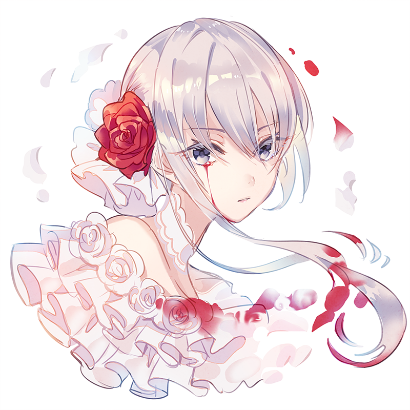 1girl angry blood bloody_tears blue_eyes choker closed_mouth flower hair_bun hair_ornament kina_(446964) looking_at_viewer petals rose rose_petals short_hair sidelocks simple_background sinoalice snow_white_(sinoalice) solo white_background white_flower white_hair