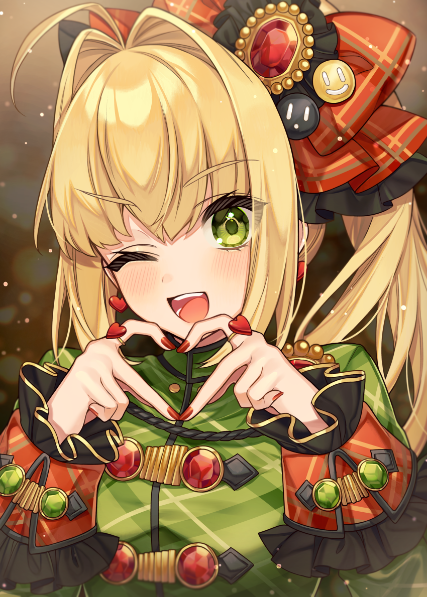 1girl ;d bangs blonde_hair blush bow breasts commentary_request eyebrows_visible_through_hair fate/extra fate_(series) green_eyes green_shirt hair_between_eyes hair_bow hands_up heart heart_hands karokuchitose long_hair long_sleeves medium_breasts nero_claudius_(fate) nero_claudius_(fate)_(all) one_eye_closed open_mouth plaid plaid_bow plaid_shirt ponytail red_bow shirt smile solo upper_body