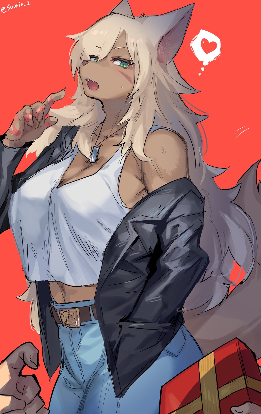 1girl animal_nose bare_shoulders belt black_jacket blonde_hair blue_pants character_request commentary_request furry gift green_eyes half-closed_eyes heart highres jacket jewelry long_hair necklace open_mouth pants pov pov_hands red_background shirt simple_background sleeveless sleeveless_shirt snout solo_focus suurin_(ksyaro) sweatdrop thought_bubble valentine white_shirt