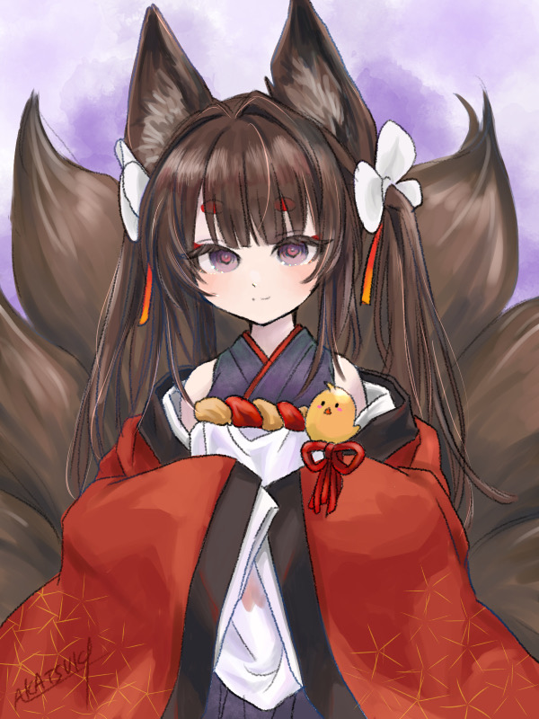 1girl aka_(ryueru_87) amagi-chan_(azur_lane) animal_ears azur_lane bangs black_hair blunt_bangs commentary_request eyebrows_visible_through_hair eyes_visible_through_hair fox_ears fox_girl fox_tail gradient gradient_background grey_eyes hair_ribbon kyuubi long_hair looking_at_viewer manjuu_(azur_lane) multiple_tails ribbon rope shimenawa sidelocks simple_background sleeves_past_wrists smile solo tail wide_sleeves