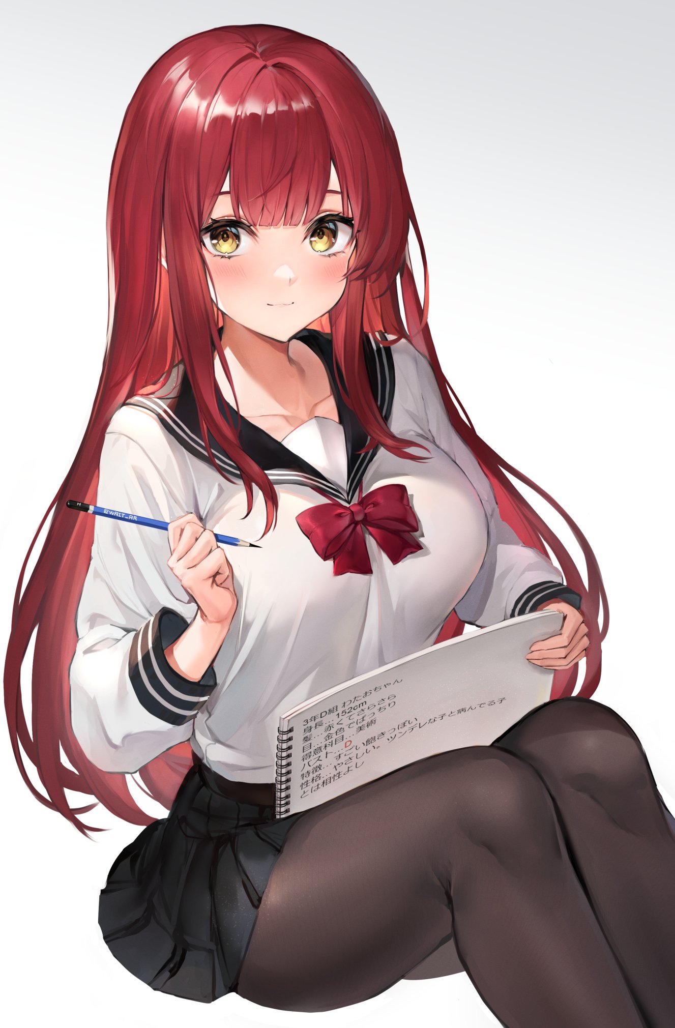 1girl black_sailor_collar black_skirt bow bowtie breasts brown_legwear collarbone gradient gradient_background grey_background highres holding holding_notebook holding_pencil long_hair long_sleeves looking_at_viewer medium_breasts notebook original oyu_(sijimisizimi) pantyhose pencil pleated_skirt red_neckwear redhead sailor_collar school_uniform shirt sitting skirt smile solo white_shirt yellow_eyes