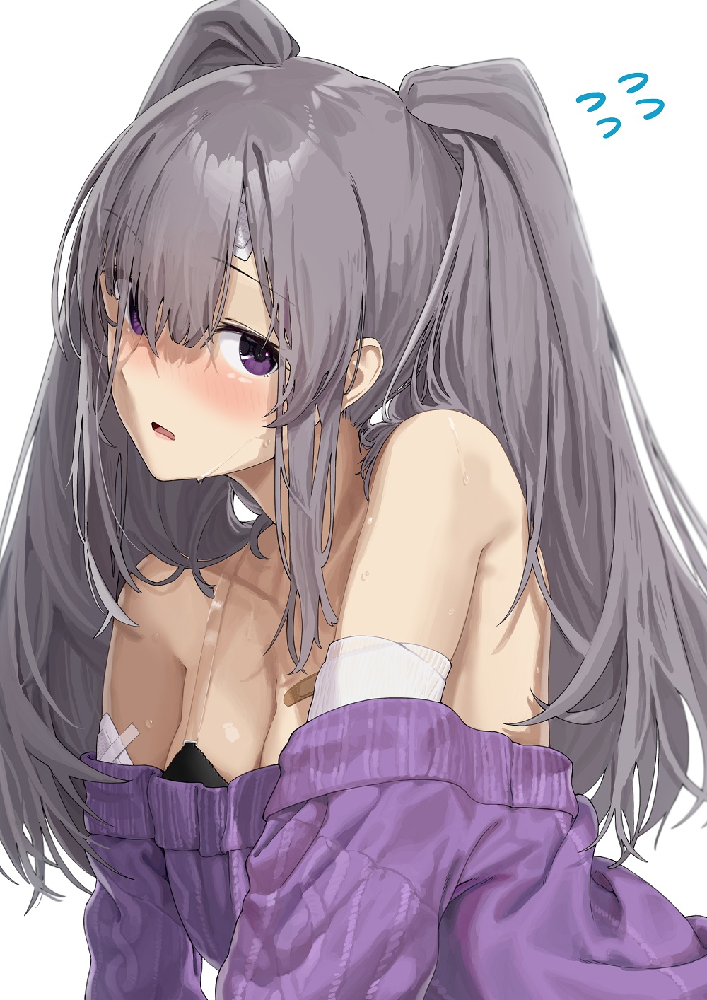 1girl bandaid bandaid_on_head bangs bare_shoulders black_bra blush bra breasts collarbone eyebrows_visible_through_hair grey_hair highres idolmaster idolmaster_shiny_colors long_hair long_sleeves looking_at_viewer medium_breasts noeru off_shoulder parted_lips purple_sweater simple_background solo sweater twintails underwear upper_body violet_eyes white_background yuukoku_kiriko