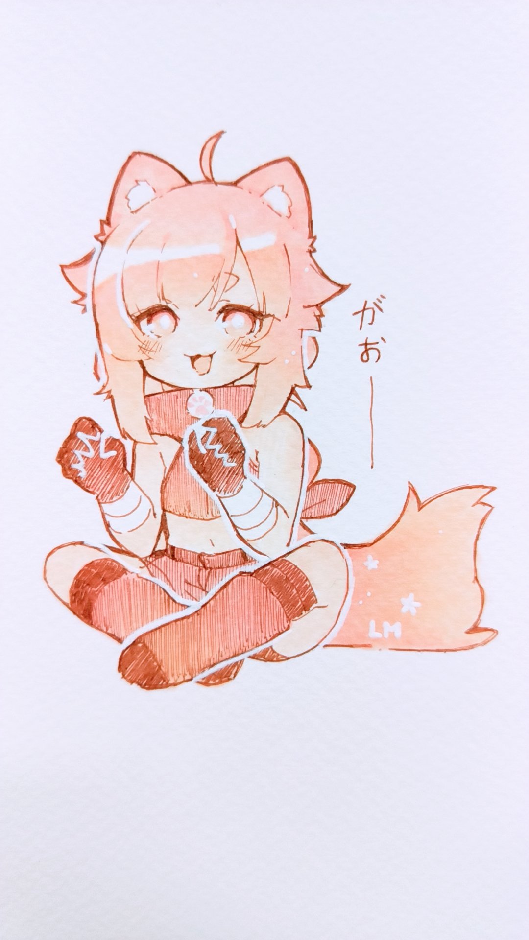 1girl :3 ahoge animal_ears artist_name bandaged_arm bandages bare_shoulders black_gloves black_legwear blush boots cat_ears chinese_commentary collar commentary_request crop_top dog_tail flat_chest full_body gloves gradient_hair hands_up happy highres indian_style jpeg_artifacts kneehighs linmiu39 looking_at_viewer midriff monochrome multicolored_hair navel open_mouth orange_hair original outline paw_print pink_eyes pink_hair shiny shiny_hair shirt short_shorts shorts sidelocks signature simple_background sitting sleeveless sleeveless_shirt smile solo star_(symbol) stomach tail traditional_media translated white_background white_outline