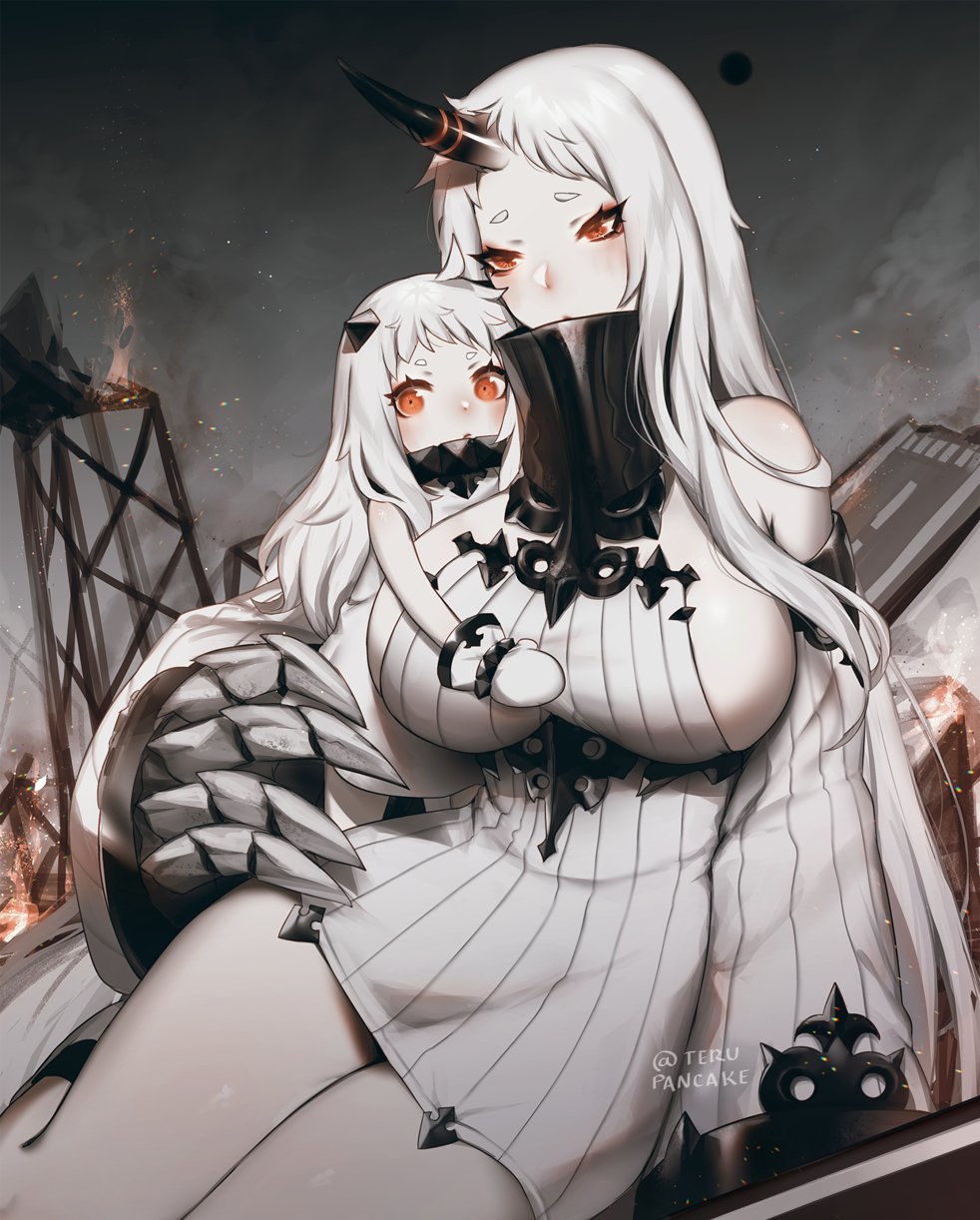 2girls abyssal_ship bare_shoulders breasts brown_eyes child claws colored_skin commentary detached_sleeves dress fire highres horns huge_breasts kantai_collection long_hair looking_at_viewer mittens multiple_girls northern_ocean_princess redrawn ribbed_dress seaport_princess short_dress sideboob single_horn size_difference smoke terupancake twitter_username very_long_hair white_dress white_hair white_skin wide_sleeves
