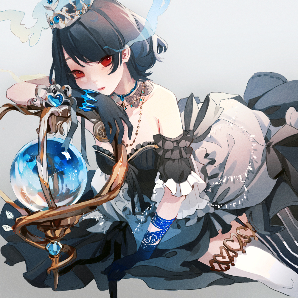 1girl alice_(sinoalice) black_gloves black_hair blue_gloves bracelet choker closed_mouth dress gloves grey_background jewelry lipstick makeup orb red_eyes ribbon senryoko short_hair sinoalice solo striped striped_legwear tattoo thigh-highs tiara zettai_ryouiki