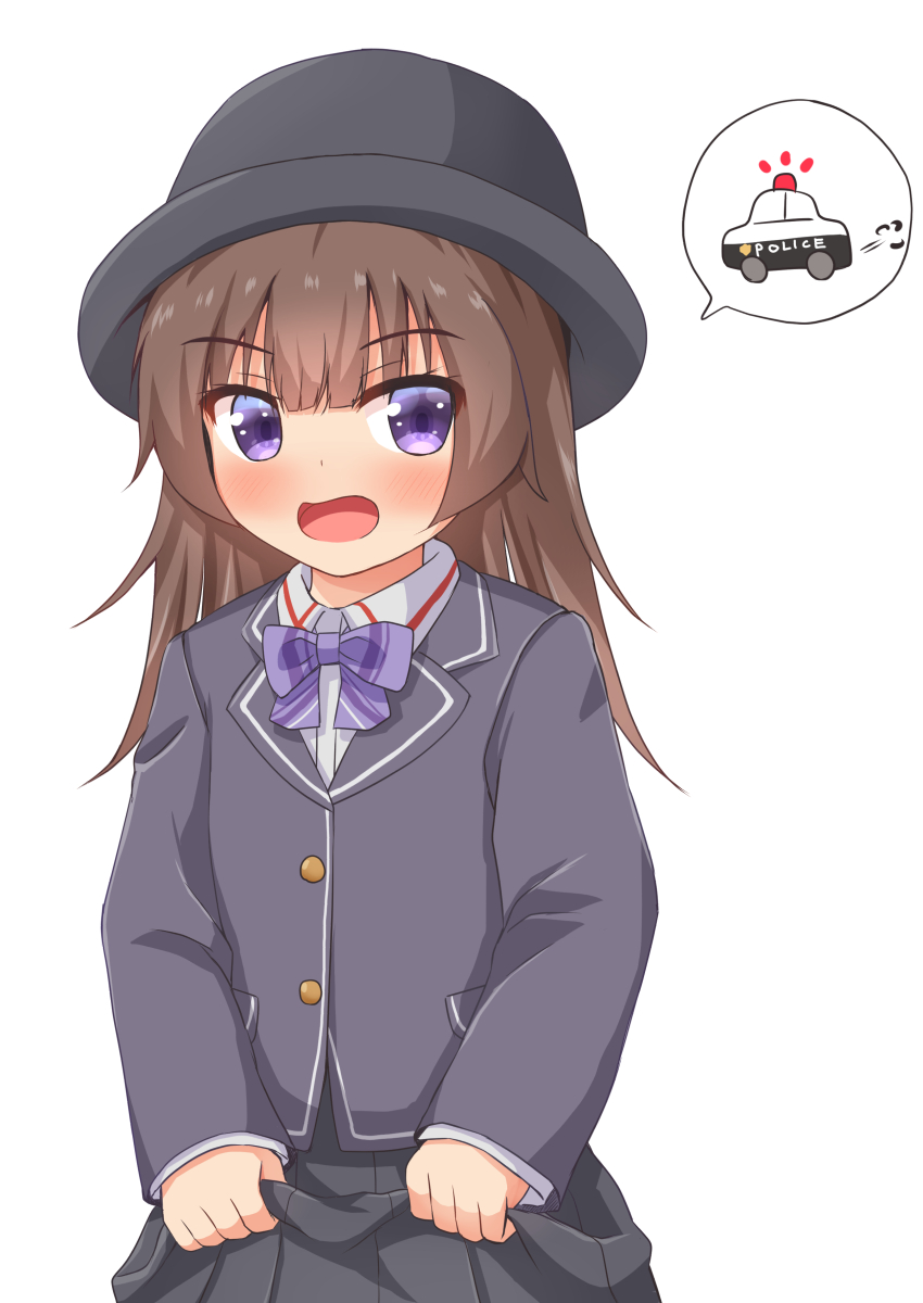 1girl black_headwear bow bowtie brown_hair car comiching commentary_request ground_vehicle hat highres jacket motor_vehicle open_mouth original plaid_neckwear pleated_skirt police_car purple_neckwear school_uniform skirt skirt_lift solo spoken_object upper_body violet_eyes