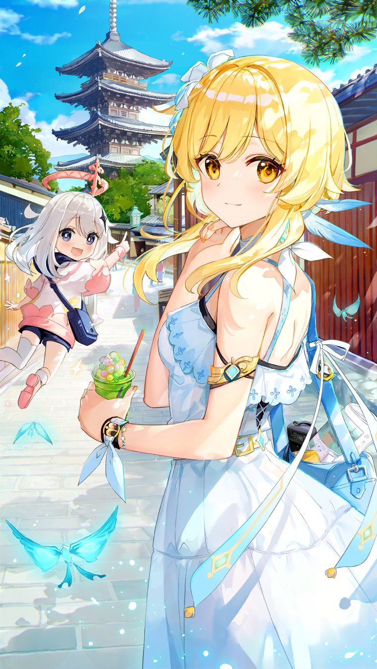2girls alternate_costume bag bare_shoulders blonde_hair bracelet breasts bug butterfly casual cup day dress drinking_glass duffel_bag from_behind fuumi_(radial_engine) genshin_impact halo highres holding insect jewelry looking_at_viewer looking_back lumine_(genshin_impact) minigirl multiple_girls orange_eyes outdoors pagoda paimon_(genshin_impact) short_hair_with_long_locks sleeveless sleeveless_dress small_breasts smile standing sundress tower white_dress white_hair