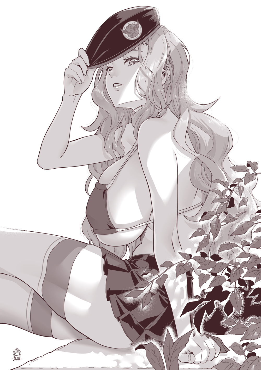 arm_support bare_shoulders bikini bikini_top breasts cecilia_campbell ge_xi greyscale hat head_tilt highres large_breasts levasol_defense_corps long_hair military_hat miniskirt monochrome parted_lips pleated_skirt sideboob skirt swimsuit thigh-highs wavy_hair witches_in_7th_base