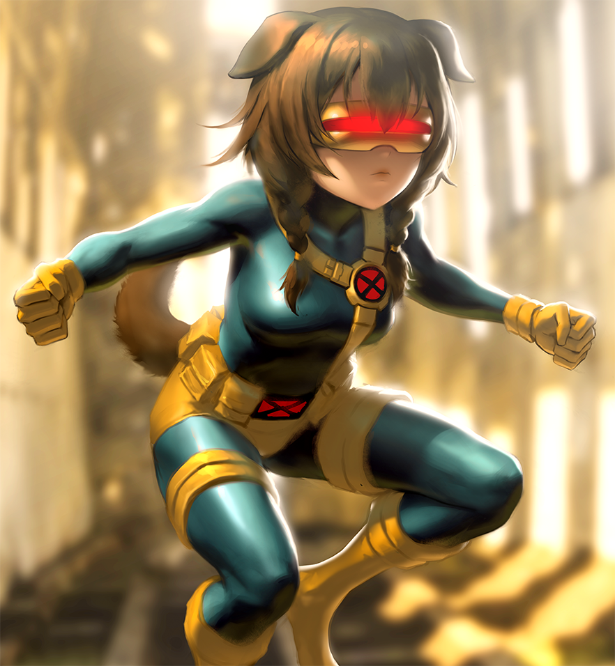 1girl animal_ears backlighting bangs blue_bodysuit blurry bodysuit boots braid breasts brown_hair clenched_hands cosplay cyclops_(x-men) cyclops_(x-men)_(cosplay) dog_ears dog_girl dog_tail expressionless feet_out_of_frame fighting_stance gloves glowing hat hololive infi inugami_korone marvel medium_breasts side_braids solo tail thigh_strap thighs twin_braids virtual_youtuber visor x-men yellow_footwear yellow_gloves