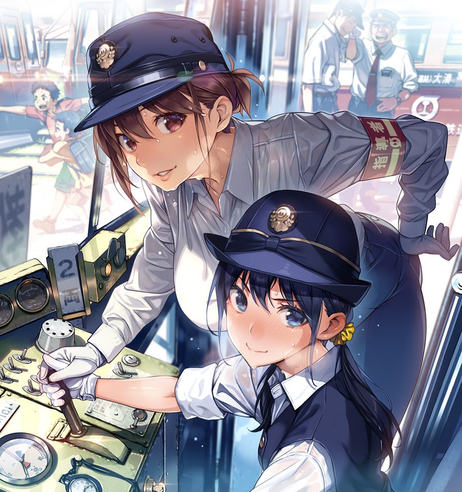 2girls armband bangs black_hair blue_eyes blue_headwear blush breasts brown_eyes brown_hair closed_mouth collared_shirt gloves hand_on_hip large_breasts leaning_forward lever looking_at_viewer low_tied_hair mature_female multiple_girls original scrunchie shirt sitting sleeves_rolled_up smile standing sweat train_conductor uniform vania600 vest white_gloves white_shirt yellow_scrunchie