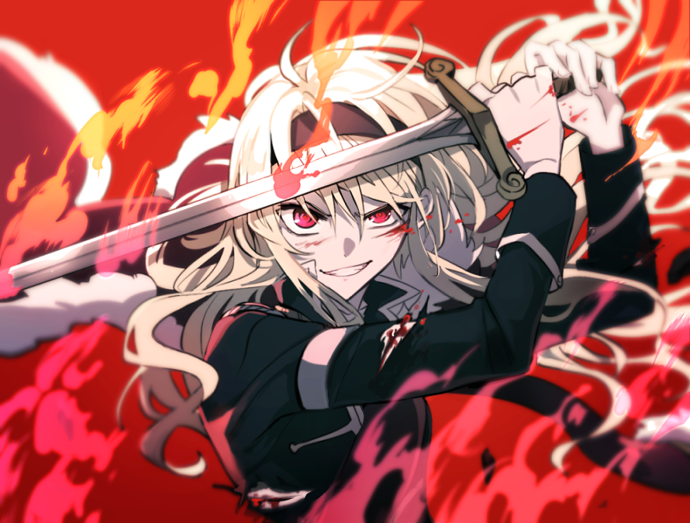 1girl aiguillette arms_up bangs black_hairband black_jacket bleeding blonde_hair blood blood_on_face bloody_hands blurry cuts depth_of_field evil_grin evil_smile fighting_stance fire flaming_sword flaming_weapon floating_hair fur-trimmed_jacket fur_trim gradient gradient_background grin hair_between_eyes hairband high_collar holding holding_sword holding_weapon injury jacket jacket_on_shoulders kuma_(bloodycolor) long_hair long_sleeves looking_at_viewer red_background red_eyes red_jacket saijou_claudine shiny shiny_hair shoujo_kageki_revue_starlight smile solo sword torn_clothes torn_jacket uneven_eyes upper_body v-shaped_eyebrows wavy_hair weapon