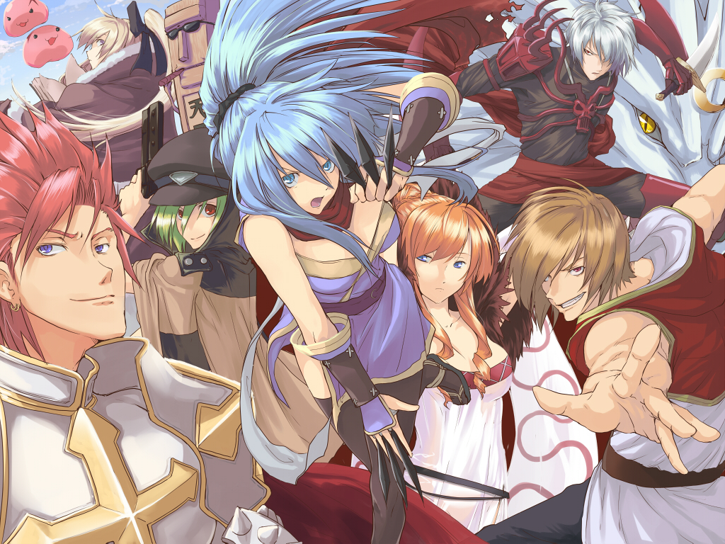 3boys 4girls arm_blade armor bangs between_fingers black_bodysuit black_headwear black_legwear black_pants blonde_hair blue_eyes blue_hair bodysuit breastplate breasts brown_cape brown_coat cape champion_(ragnarok_online) championship_belt cigar closed_mouth coat commentary_request cowboy_shot cross dress drill_locks fur-trimmed_cape fur_trim gauntlets greatest_general_(ragnarok_online) green_hair grin guillotine_cross_(ragnarok_online) gun gunslinger_(ragnarok_online) hair_between_eyes handgun hat hatii_(ragnarok_online) high_wizard_(ragnarok_online) holding holding_gun holding_weapon hooded_coat japanese_clothes kunai large_breasts long_hair looking_at_viewer lord_knight_(ragnarok_online) medium_breasts medium_hair monster multiple_boys multiple_girls ninja_(ragnarok_online) nueco open_clothes open_coat open_mouth orange_hair pants pauldrons pistol ponytail poring ragnarok_online red_armor red_cape red_eyes red_scarf redhead scarf short_hair shoulder_armor sleeveless_coat smile sorcerer_(ragnarok_online) spiked_gauntlets spiky_hair sunglasses thigh-highs vambraces violet_eyes weapon white_coat white_dress white_hair