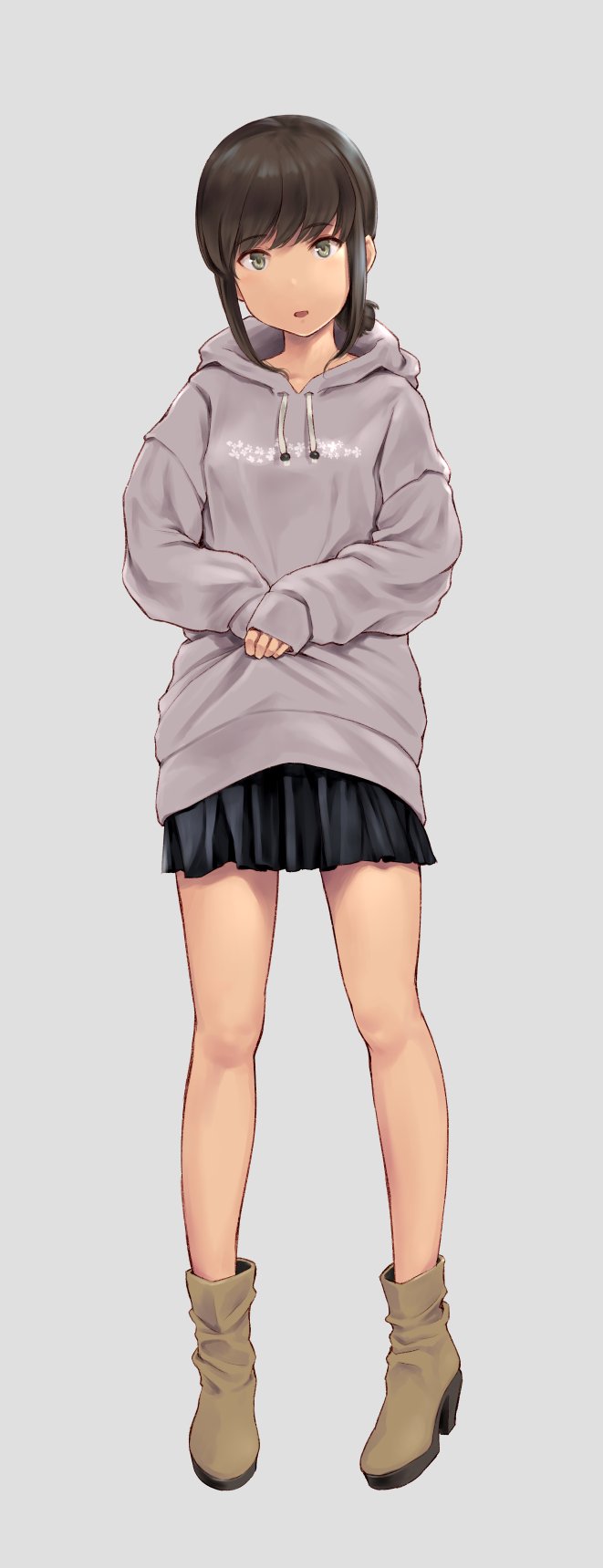 1girl alternate_costume black_skirt blush boots brown_footwear brown_hair eyebrows_visible_through_hair fubuki_(kancolle) full_body green_eyes grey_background grey_hoodie highres hood hoodie kantai_collection long_sleeves looking_at_viewer open_mouth pleated_skirt short_hair short_ponytail simple_background skirt smile solo wa_(genryusui)