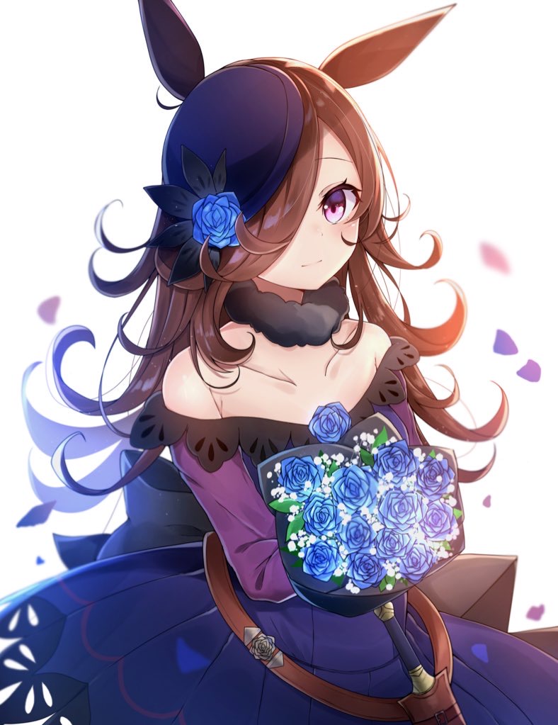 1girl animal_ears bangs bare_shoulders black_headwear blue_dress blue_flower blue_rose blush bouquet brown_hair closed_mouth commentary_request dagger dress eyebrows_visible_through_hair flower hair_over_one_eye hat hat_flower himemiya_shuang holding holding_bouquet horse_ears long_hair looking_at_viewer off-shoulder_dress off_shoulder petals rice_shower_(umamusume) rose simple_background smile solo tilted_headwear umamusume very_long_hair violet_eyes weapon white_background