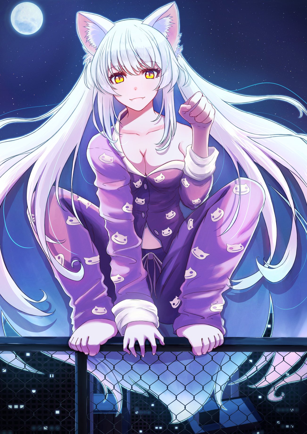 1girl animal_ears bakemonogatari black_hanekawa cat_ears cat_girl eyebrows_visible_through_hair hair_between_eyes hanekawa_tsubasa highres long_hair monogatari_(series) pajamas paw_pose slit_pupils squatting sugiurajrb very_long_hair white_hair yellow_eyes