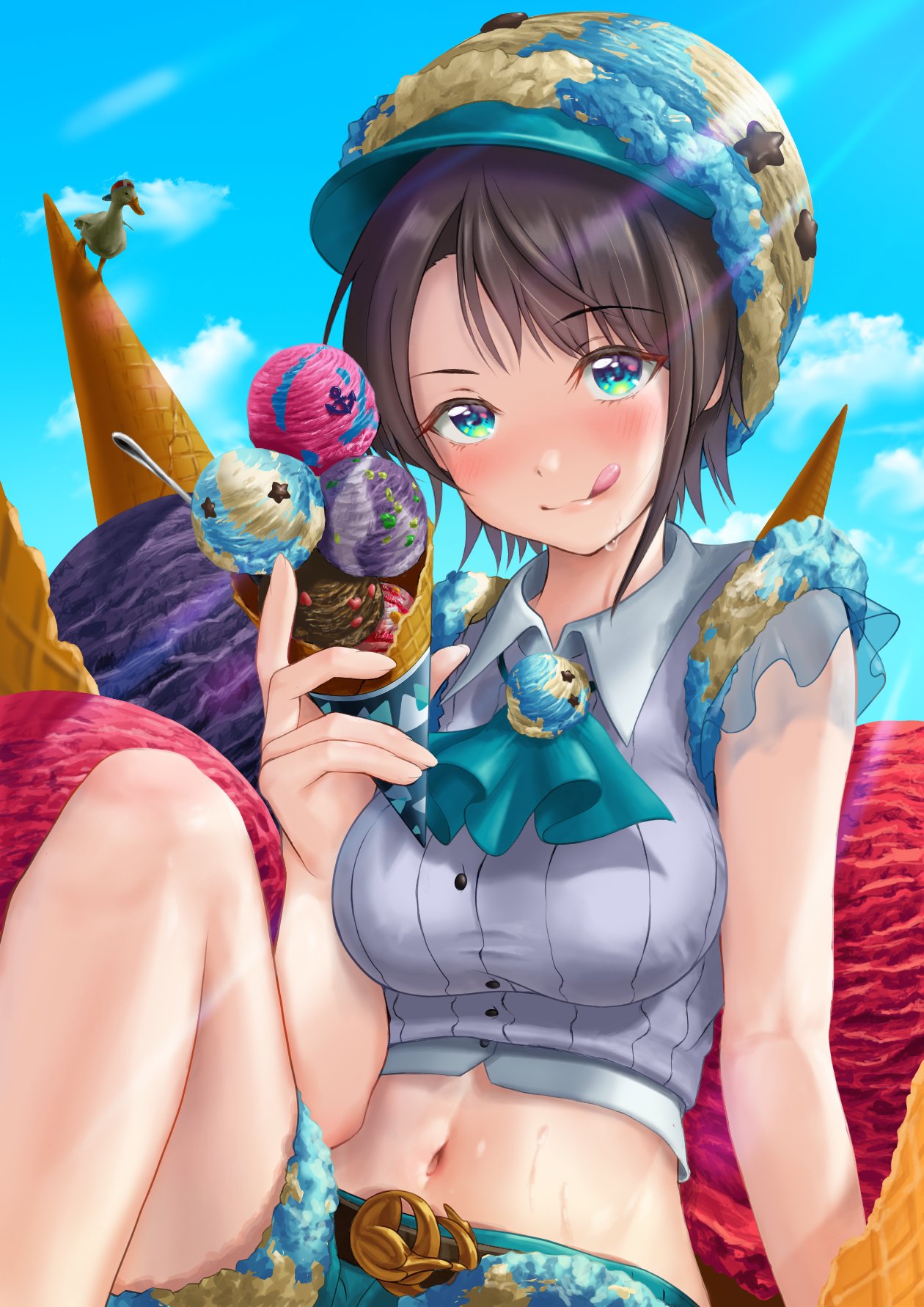 1girl :p alternate_costume arm_support ascot asymmetrical_bangs asymmetrical_hair bangs blue_eyes blue_sky blush breasts brown_hair commentary_request eyebrows_visible_through_hair feet_out_of_frame food grey_shirt headwear highres holding holding_food hololive ice_cream ice_cream_cone knee_up large_breasts leaning_back licking licking_lips light_rays looking_at_viewer midriff navel oozora_subaru see-through_sleeves shadow shiny shiny_hair shirt short_shorts short_sleeves shorts sky solo subaru_duck sweat tongue tongue_out tovi_illust triple_scoop virtual_youtuber waffle_cone