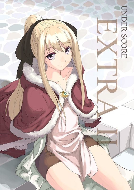 1girl bangs black_bow blonde_hair bow brown_dress cape capelet clip_studio_paint_(medium) closed_mouth cobblestone commentary_request cover cover_page cowboy_shot doujin_cover dress english_text eyebrows_visible_through_hair fur-trimmed_cape fur-trimmed_capelet fur-trimmed_gloves fur_trim gloves hair_bow high_wizard_(ragnarok_online) long_hair looking_at_viewer nueco ponytail ragnarok_online red_cape red_capelet red_gloves short_dress sidelocks sitting smile solo two-tone_dress violet_eyes white_dress