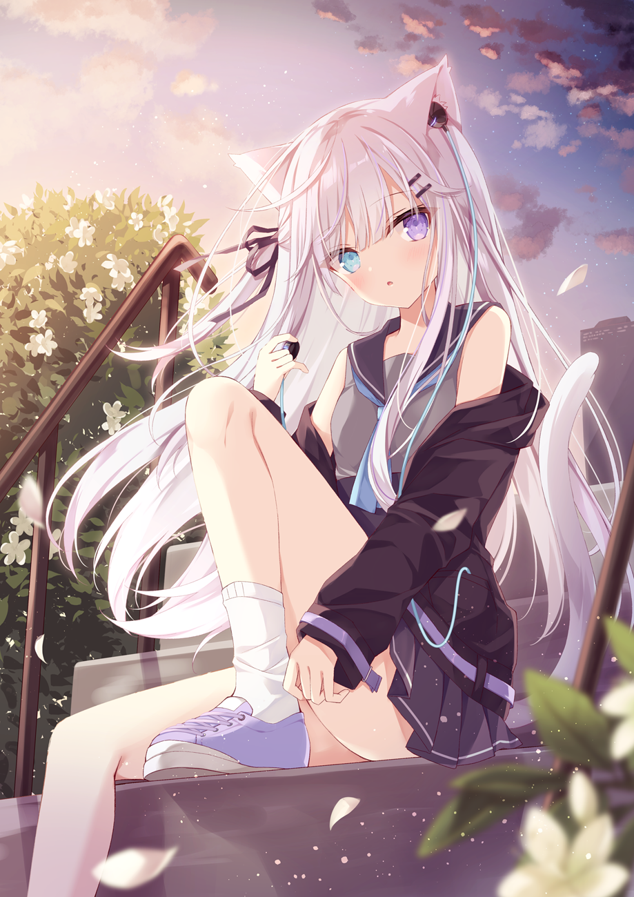 1girl :o animal_ear_fluff animal_ears bare_shoulders black_jacket black_ribbon black_sailor_collar black_skirt blue_eyes blue_neckwear blush breasts cat_ears cat_girl cat_tail commentary_request feet_out_of_frame flower grey_hair grey_shirt hair_ornament hair_ribbon hairclip hand_up heterochromia highres hoshi_(snacherubi) jacket long_hair long_sleeves looking_at_viewer off_shoulder one_side_up open_clothes open_jacket original outdoors parted_lips petals pleated_skirt purple_footwear railing ribbon sailor_collar school_uniform serafuku shirt shoes sitting sitting_on_stairs skirt sleeveless sleeveless_shirt sleeves_past_wrists small_breasts socks solo stairs sunset tail very_long_hair violet_eyes white_flower white_legwear