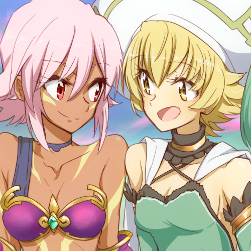 .hack// .hack//g.u. 2girls armor atoli bare_shoulders bikini_armor black_rose_(.hack//) blonde_hair breasts choker closed_mouth dark_skin dark-skinned_female facial_mark hat hiseki_(tknkkm) lowres medium_hair multiple_girls navel open_mouth pink_hair red_eyes short_hair smile tattoo