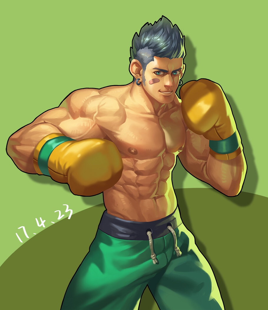 1boy abs bandaid bandaid_on_cheek blue_eyes boxing boxing_gloves clenched_hand dated earrings flexing gloves green_background green_pants grey_hair jewelry jiajiuli looking_at_viewer male_focus muscular muscular_male nipples original pants pectorals pose sideburns solo spiky_hair standing yellow_gloves
