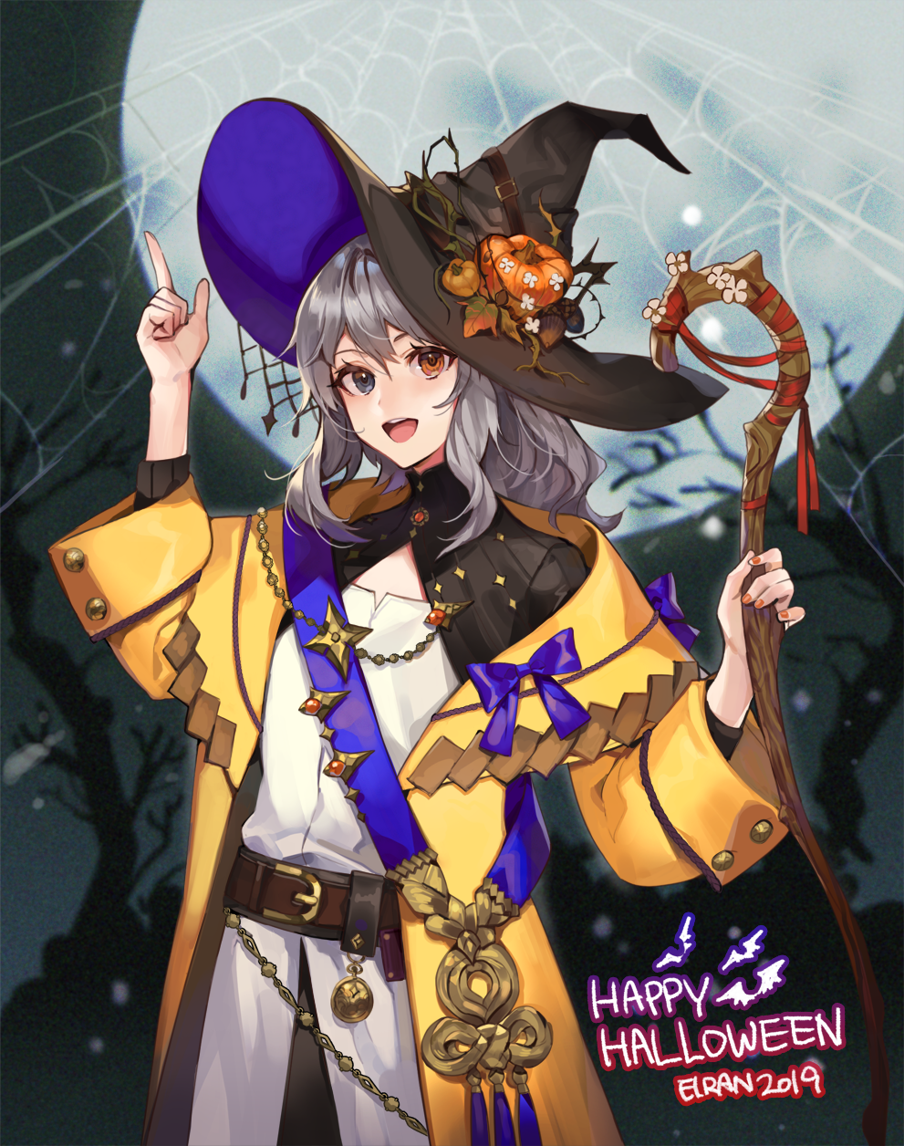 2019 cane coat elran full_moon grey_hair halloween happy_halloween hat heterochromia highres looking_at_viewer moon night original pointing pointing_up pumpkin shirt silk smile spider_web white_shirt witch_hat yellow_coat