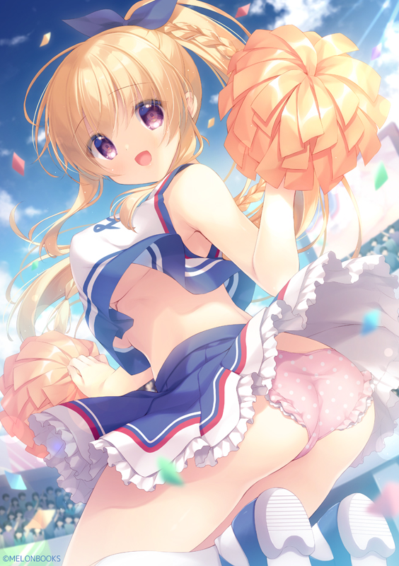 1girl :d ass bangs bare_shoulders black_ribbon blonde_hair blue_footwear blue_skirt blue_sky blush braid breasts cheerleader clouds commentary_request confetti day eyebrows_visible_through_hair frilled_panties frilled_skirt frills hair_between_eyes hair_ribbon kneehighs large_breasts long_hair looking_at_viewer looking_back melonbooks open_mouth original outdoors panties pink_panties pleated_skirt polka_dot polka_dot_panties pom_pom_(clothes) ponytail ribbon shirt shoe_soles shoes skirt sky sleeveless sleeveless_shirt smile solo_focus under_boob underwear very_long_hair violet_eyes white_legwear white_shirt yukie_(peach_candy)