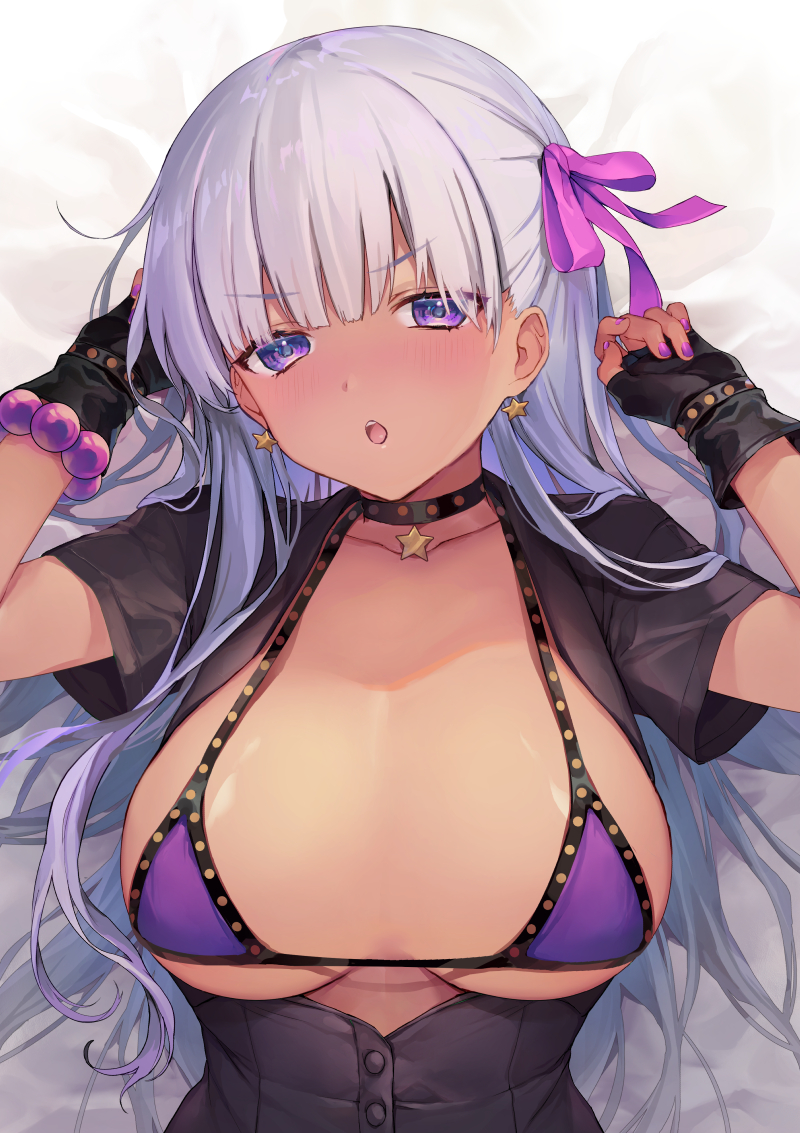 1girl bangs bb_(fate)_(all) bb_(swimsuit_mooncancer)_(fate) bb_shot! bikini black_dress black_gloves blush breasts breasts_outside choker collarbone dark_skin dark-skinned_female dress earrings fate/grand_order fate_(series) fingerless_gloves gloves hair_ribbon jewelry large_breasts long_hair looking_at_viewer lying on_back open_clothes open_dress open_mouth pink_ribbon purple_bikini purple_hair ribbon short_sleeves swimsuit very_long_hair violet_eyes vivi_(eve_no_hakoniwa)