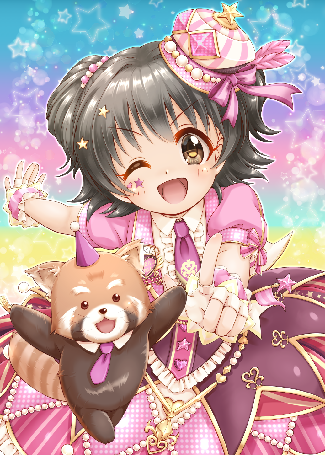 1girl ;d akagi_miria animal bangs black_hair brown_eyes center_frills collared_shirt commentary_request eyebrows_visible_through_hair fingerless_gloves frilled_skirt frills gloves hair_between_eyes hair_ornament hat highres idolmaster idolmaster_cinderella_girls idolmaster_cinderella_girls_starlight_stage index_finger_raised jacket looking_at_viewer one_eye_closed open_mouth outstretched_arm pink_jacket puffy_short_sleeves puffy_sleeves purple_neckwear purple_skirt regular_mow revision shirt short_sleeves skirt smile solo star_(symbol) star_hair_ornament starry_background striped tilted_headwear two_side_up v-shaped_eyebrows vertical-striped_skirt vertical_stripes white_gloves white_shirt wrist_cuffs