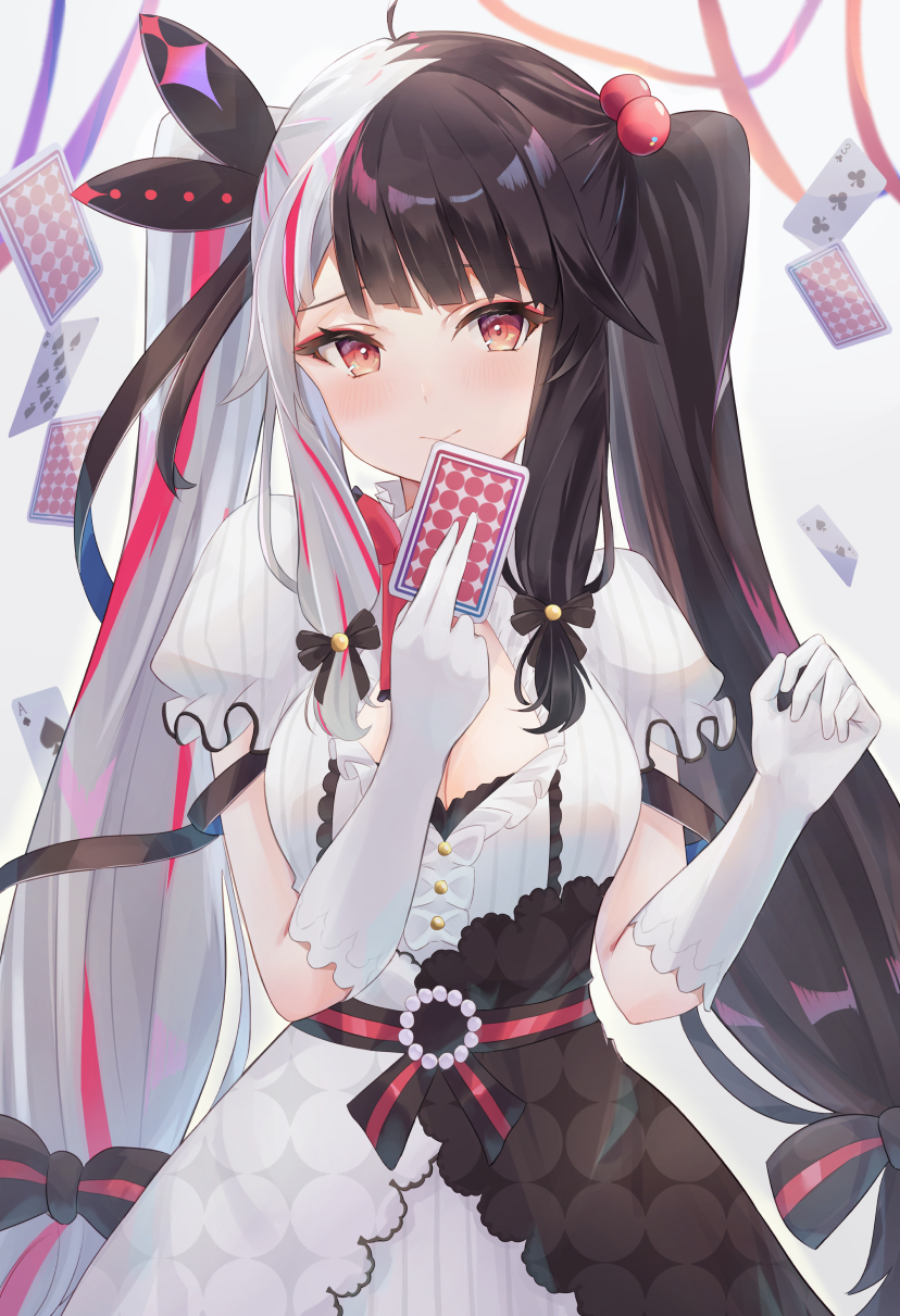 1girl ahoge bangs black_bow black_dress black_hair black_ribbon blush bow breasts card closed_mouth club_(shape) commentary_request dress eyeliner falling_card gloves grey_hair hair_bobbles hair_bow hair_ornament hair_ribbon hand_up highres holding holding_card long_hair looking_at_viewer makeup medium_breasts multicolored_hair nijisanji orange_eyes playing_card puffy_short_sleeves puffy_sleeves redhead ribbon shiny shiny_hair short_sleeves sisoha smile solo streaked_hair striped striped_bow twintails two-tone_dress two-tone_hair vertical-striped_dress vertical_stripes very_long_hair virtual_youtuber white_background white_dress white_gloves yorumi_rena