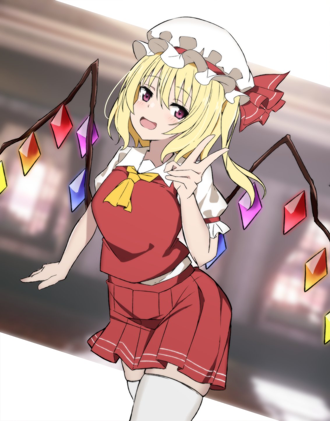 1girl ascot blonde_hair collared_shirt crystal fang flandre_scarlet frilled_shirt_collar frilled_skirt frills hat hat_ribbon highres medium_hair miniskirt mob_cap one_side_up puffy_short_sleeves puffy_sleeves red_eyes red_ribbon red_skirt red_vest ribbon shirt short_sleeves skirt skirt_set smile solo thigh-highs touhou to~fuya v vest white_headwear white_shirt white_thighhighs yellow_ascot zettai_ryouiki