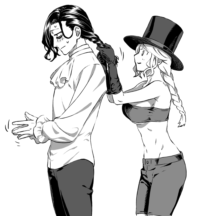 1boy 1girl arizuka_(catacombe) bandeau bloodborne braid braiding_hair breasts commentary_request cowboy_shot from_side gloves greyscale hairdressing hat large_breasts long_hair long_hiar long_sleeves looking_at_another monochrome navel own_hands_together pants profile shirt shorts smile standing top_hat white_background